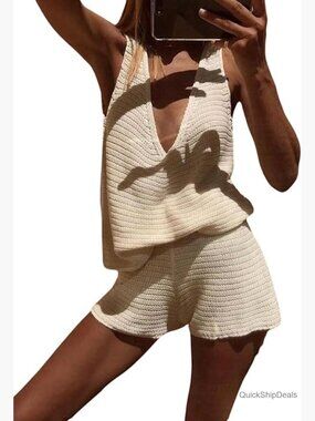 Deep V Neck Knit Tank Top & Mini Shorts Set 2 Piece Summer Outfit